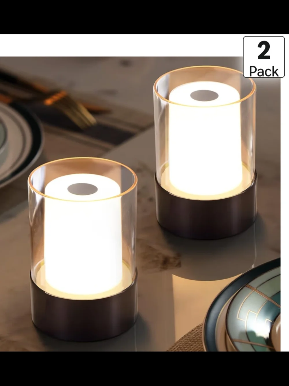 Cylinder LED Table Lamps - Set of 2, Soft And Warm, 3 Touch Levels, Rechargeable